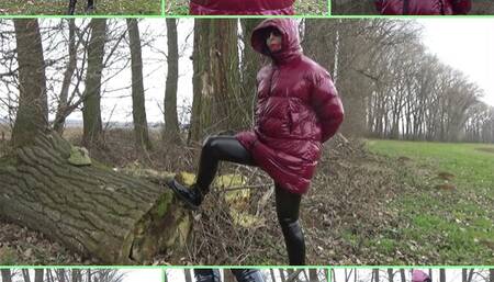 Handcuffed walk in shiny down jacket and PVC leggings