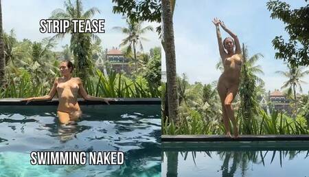 Teasing in see-thru dress outdoor at the pool, strip, sexy swimming naked