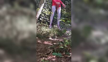 Outdoor Exhibition In The Woods Pink Heels White Stockings And Latex Mini Skirt
