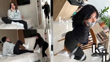 Simona's Twin Came to Steal Her Identity (Clone, Roleplay, Duct Tape Bondage, Tapegag, Chair Tied, Leggings, White Nike Crew Socks, Struggling, Big Eyes)