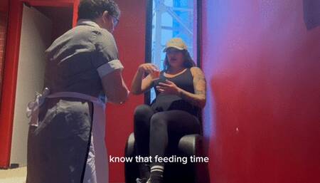 Slave licks dirty sneaker sole and eats the rest of Mistress Angel's fruit salad from the floor