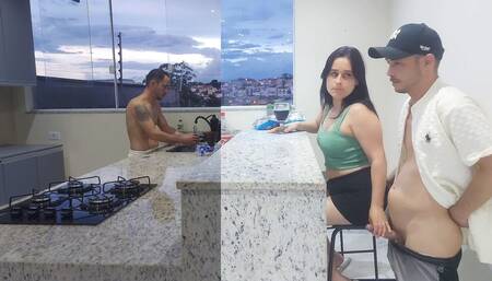 Fucking Hot Wife in the Kitchen Until She Cums, While the Cuckold Washes the Dishes