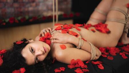 Ropes and Roses: exploring Abi Blue's young, naked body as she's tied up and suspended for a Valentine's Day treat