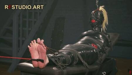 Elli in Total Tight PVC Mummification - Bastinado on Her Cute Bare Feet (UHD 4K MP4)