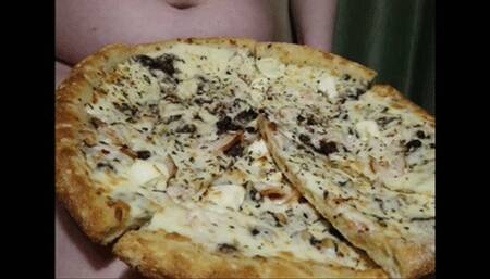 Big belly stuffing with pizza in red lingerie