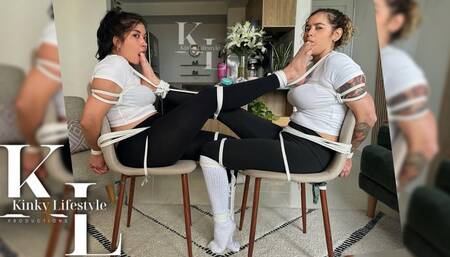 Simona & Luana Chair Tied Foot Gag (Leggings, White Nike Crew Sock, Barefoot, Rope Bondage)