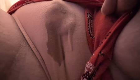 Big Clit Slow Leaking & Wetting In Short Red Shorts & Pink Panties
