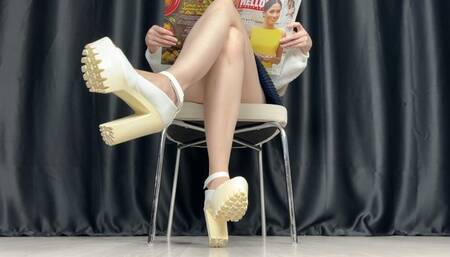 Crossed Leg Toe Tapping - White High Heel Shoe Play, Spying Miniskirts, Bare Calves, Goddess Ignore 4k