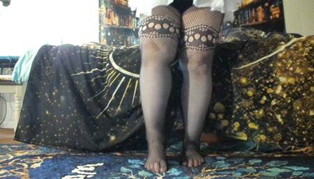 Worship Goddess' big legs, calves, feet, in fishnet pantyhose