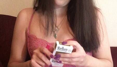 Goddess D Smoking Marlboro Light 100 - Upskirt View of Pretty Pussy in Pink Lace Lingerie