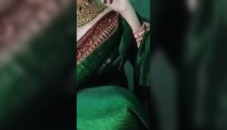 Indian Gay Crossdresser Gaurisissy Pressing His Boobs so Hard and Enjoying in Green Saree
