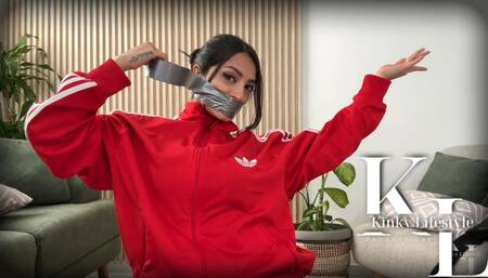Mara's Self Duct Tape WrapGag in Red Adidas Sweater (Gag Talk, Self Shot, 8 rounds)