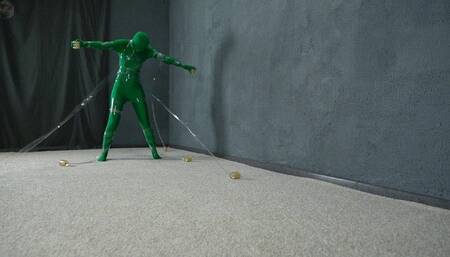 Transparent mummification of a green man in a vacuum bed