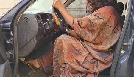 Hard Cranking In Long Dress And Golden Bow Flats