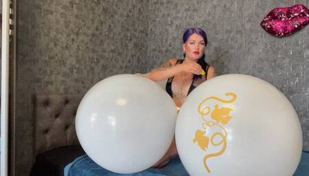 girl in black body sittopop big white balloons with neck