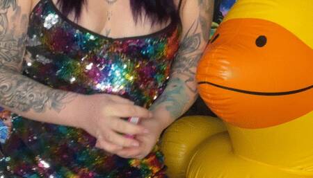 girl in shine dress smoking and pop frozen balloons