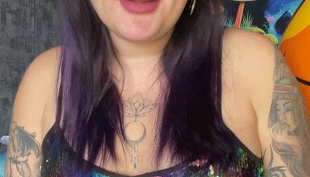 girl with shine makeup in dress poping foil balloons