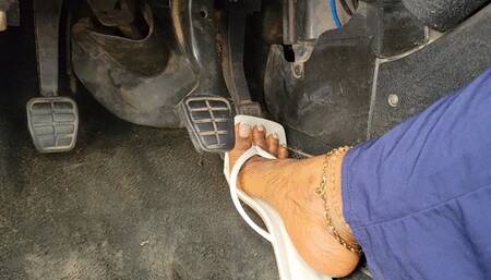 Cranking Hard In My White (Low Heel) Flip-Flops (Footwell)