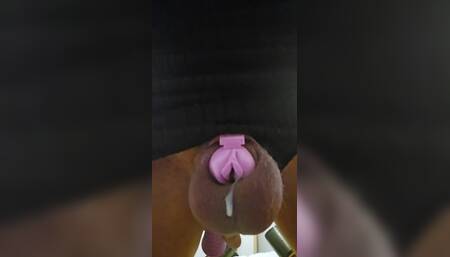 Sissygasm!! Sissy Crossdresser All Locked up in Cute Pink Chastity Cage with Realistic Clit Hole, She Cums Like a Slut