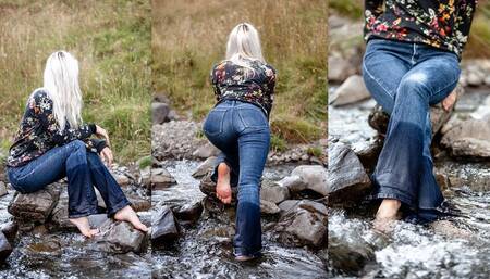 Baefoot wet river walk in my Vintage Mudd jeans