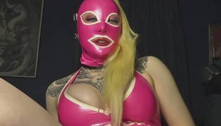 Lillithid in full latex barbie outfit and locked pussy rides anal dildo POV