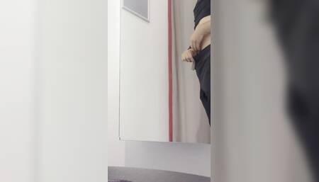Young Boy in Thong Trying on New Pants, Sweet Ass and Popping Penis