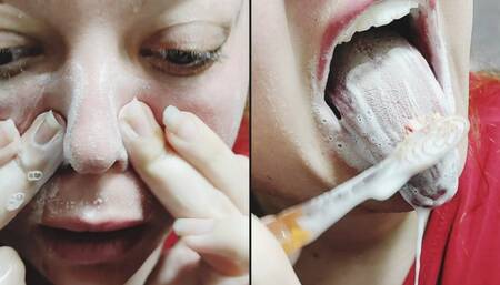 chubby girl washes her face and mouth