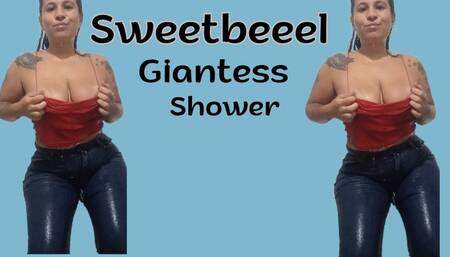 Giantess in the shower with clothes