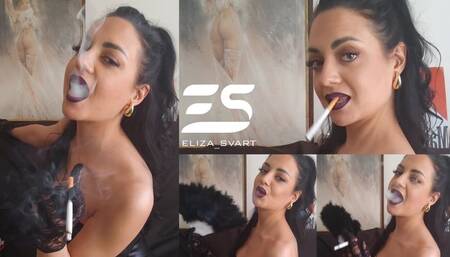 Flirty smoking in a leather dress and lace gloves