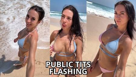 Teasing in bikini on the beach, public tits flashing