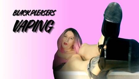 Lady Angela black pleaser heels vaping seductively in her bedroom pedicured toes foot tattoo