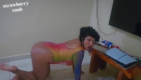 Sedentary lady sweats and spits