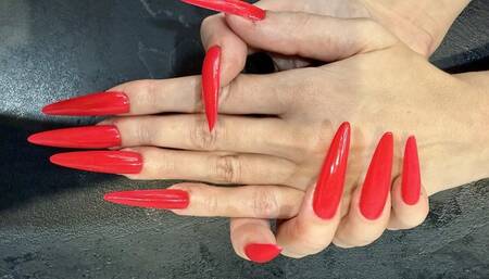 Bright red long nails, long fingers and hand fetish