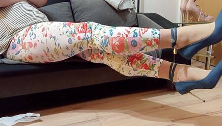 Crossdresser Dangling in Sexy Blue Jeans Pointed Toe High Heels Pumps with Ankle Strap