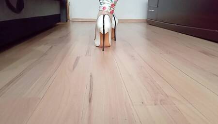 Crossdresser Walks in White Casadei Blade Pointed Toe High Heels Pumps