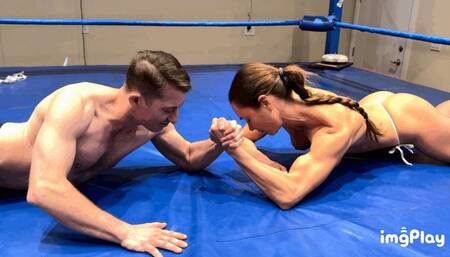 Part 1 FIRST TIME EVER Anastasia vs Newcomer Patrick Starr in a Topless Competitive Mixed Arm Wrestling Match 3 rounds