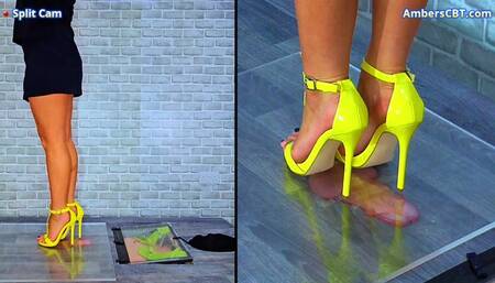 Crushing His Cock & Balls Under My Yellow Strappy Heels & Plexiglass - Split Cam - A140SPLIT