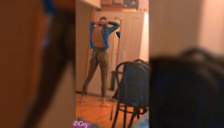 Home in Blue Blouse and Transparent Leggings dildo ride and BJ