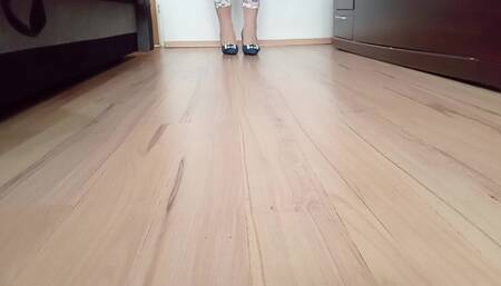 Crossdresser Walks in Sexy Blue Jeans Pointed Toe High Heels Pumps with Buckle