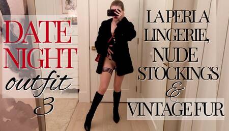 Date night outfit 3 - La Perla lingerie, nude stockings & vintage fur