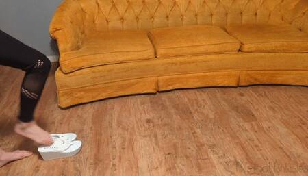 Fifi tries to walk on slippery monster slime covered floor wearing modified platform wedge flip flops *NEW*