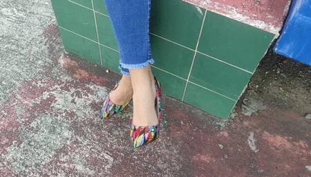 Crossed legs and goddess feet hold up stiletto heels while swaying (5)