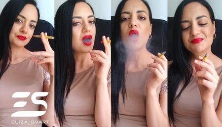 Smoking a yellow Sobranie in an elegant dress
