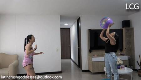 Janet And Margarita Play With Beach Ball And Burst It