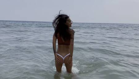 Monika Fox in White Panties and Burgundy Top Walks Along Beach and Swims in Sea
