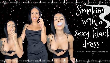 Smoking with a sexy black dress