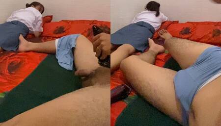 Shaving Cock Hair in Front of Step Sister Who Is Still Wearing Her Uniform
