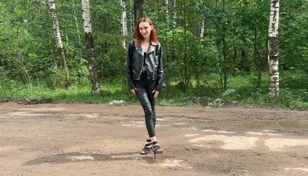 girl in high heels with open toes walks in the mud and gets her toes and heels dirty (reissue)