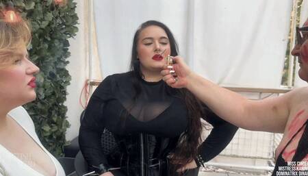 Sissy slave used as an ashtray by 3 Mistresses