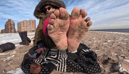 Dirty, sandy feet on snowy beach, NYC feet, Coney Island beach, size 9 milf feet, toesock and boot removal and walking
